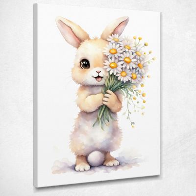 Painting For Girls Nursery Decoration Baby Rabbit With White And Yellow Flowers banb22 canvas print 