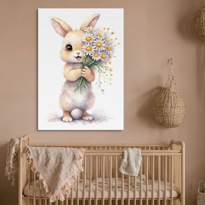 Painting For Girls Nursery Decoration Baby Rabbit With White And Yellow Flowers banb22 canvas print 