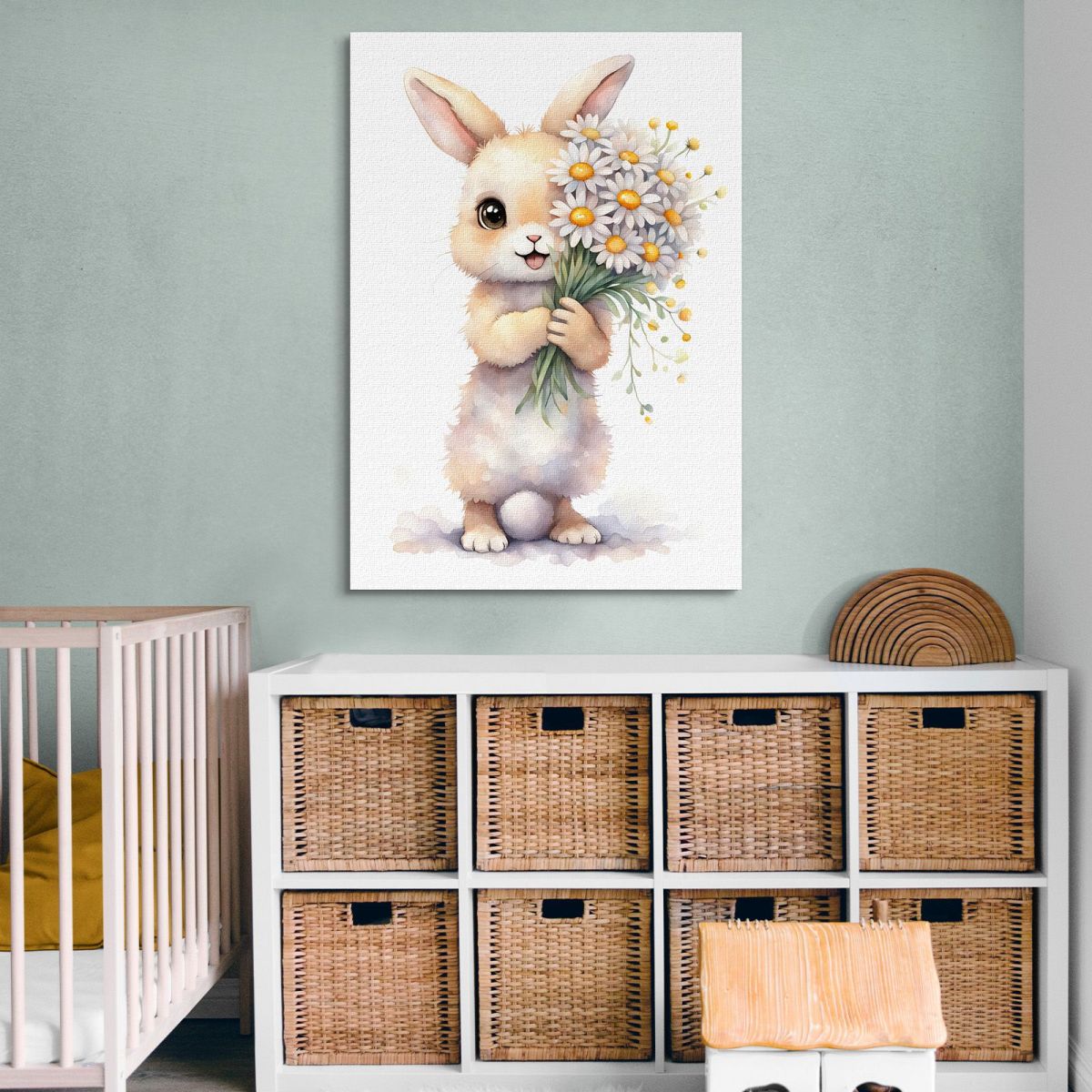 Painting For Girls Nursery Decoration Baby Rabbit With White And Yellow Flowers banb22 canvas print 