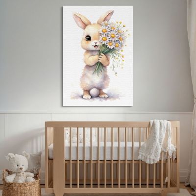 Painting For Girls Nursery Decoration Baby Rabbit With White And Yellow Flowers banb22 canvas print 