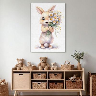 Painting For Girls Nursery Decoration Baby Rabbit With White And Yellow Flowers banb22 canvas print 