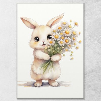 Painting For Children'S Bedroom Baby Rabbit With White And Yellow Flowers banb35 canvas print 