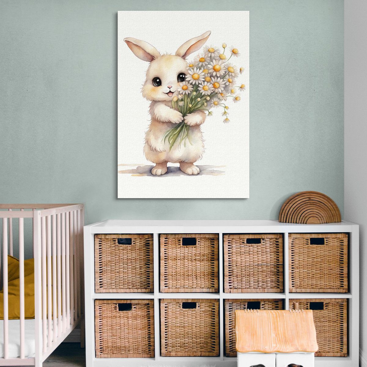 Painting For Children'S Bedroom Baby Rabbit With White And Yellow Flowers banb35 canvas print 