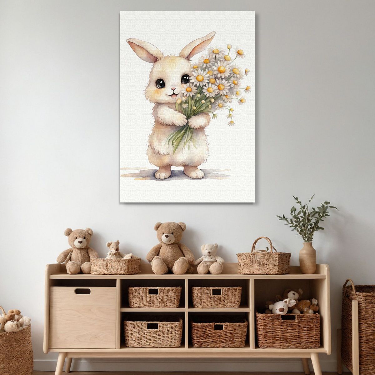 Painting For Children'S Bedroom Baby Rabbit With White And Yellow Flowers banb35 canvas print 