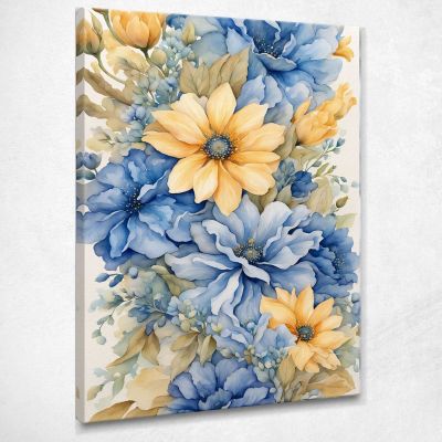 Modern Botanical Painting Bouquet Of Blue And Yellow Flowers In Watercolor btn4 canvas print 