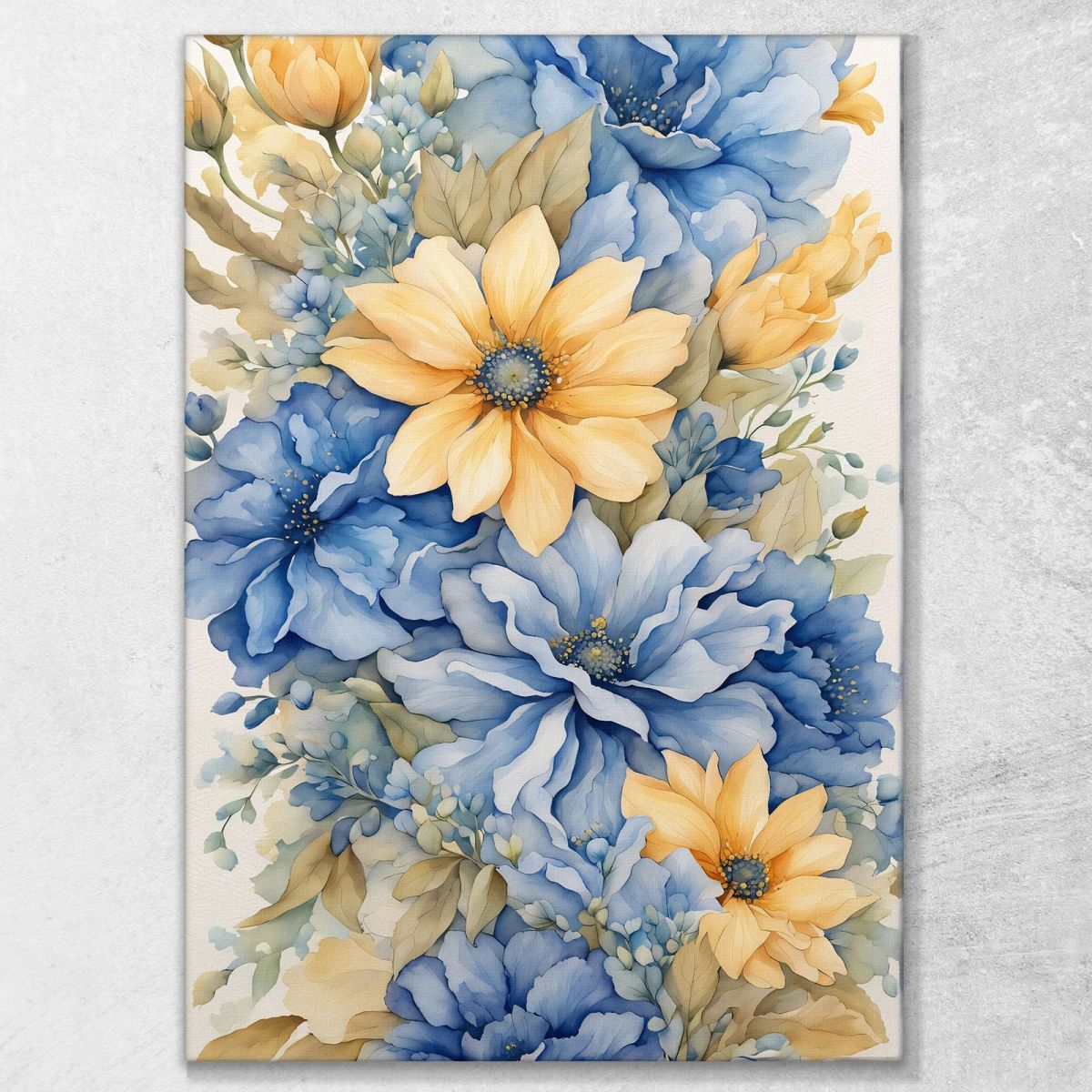 Modern Botanical Painting Bouquet Of Blue And Yellow Flowers In Watercolor btn4 canvas print 