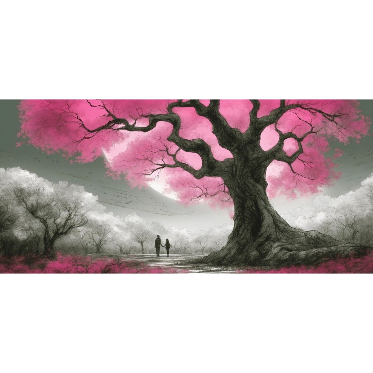 Botanical Framework Tree With Pink Flowers And Couple At Sunset bow1 canvas print 