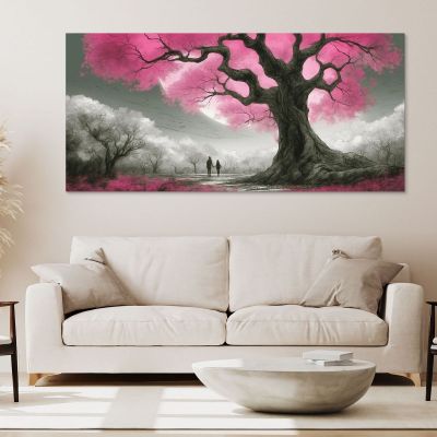 Botanical Framework Tree With Pink Flowers And Couple At Sunset bow1 canvas print 