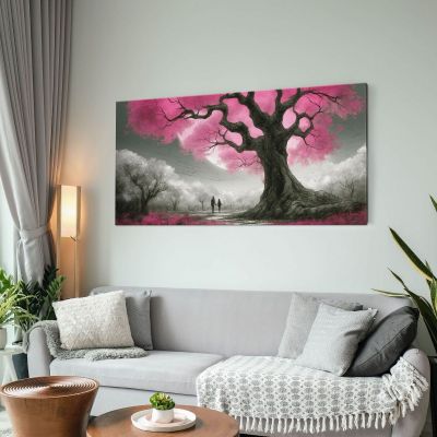 Botanical Framework Tree With Pink Flowers And Couple At Sunset bow1 canvas print 