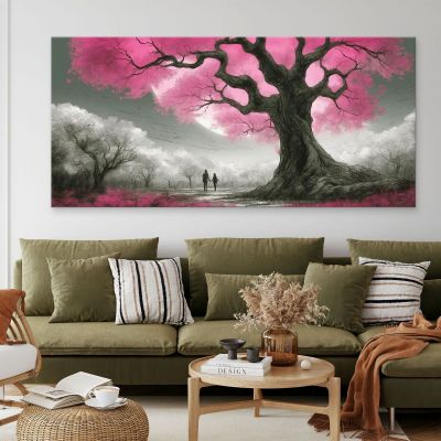 Botanical Framework Tree With Pink Flowers And Couple At Sunset bow1 canvas print 