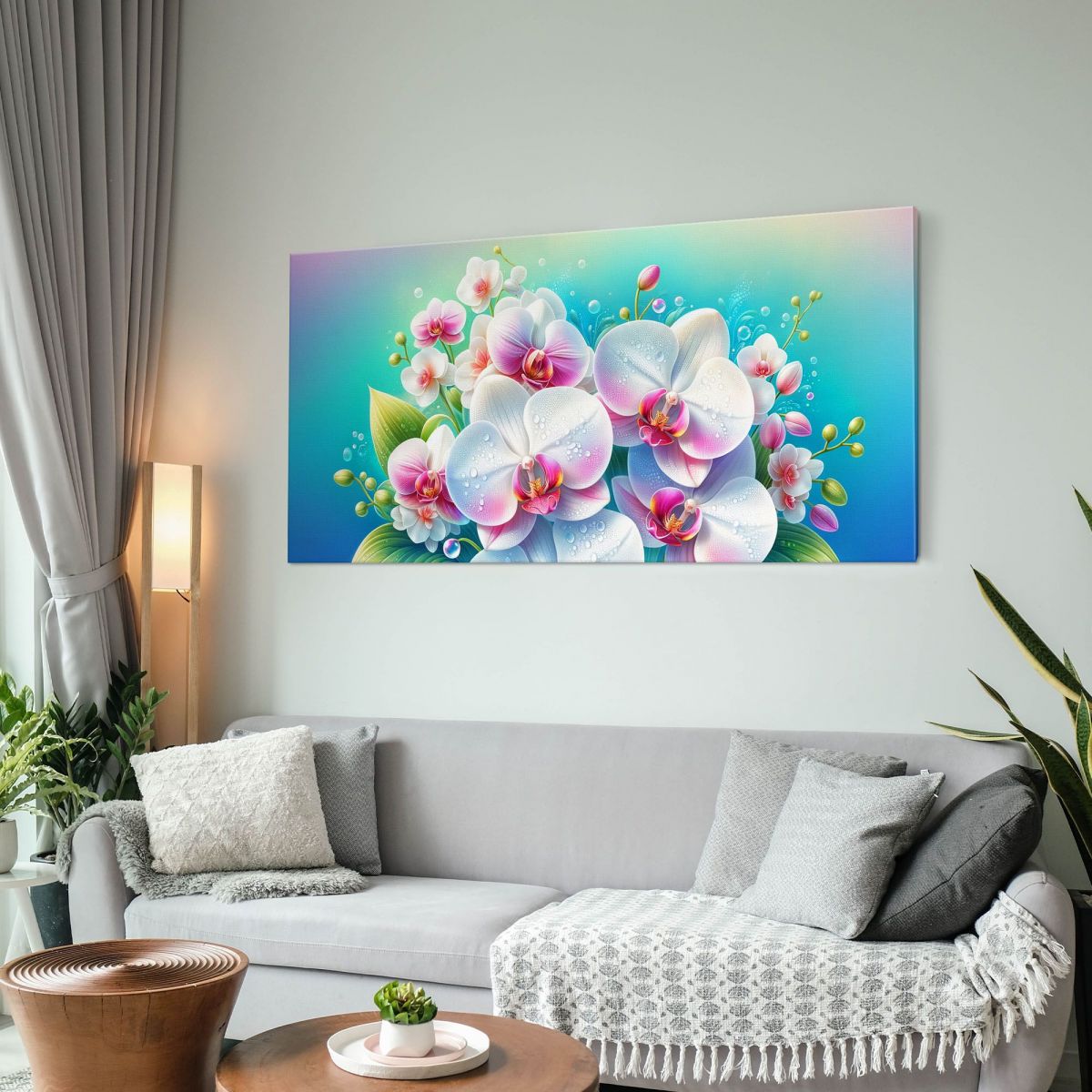 Botanical Framework Bouquet Of White And Pink Orchids With Drops Of Water bow7 canvas print 