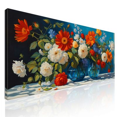 Botanical Framework Composition Of Vivid Flowers In Blue Glass Vases bow13 canvas print 