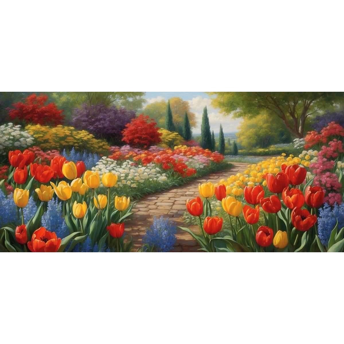 Botanical Painting Of Flower Garden With Path Among Colored Tulips bow17 canvas print 