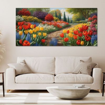 Botanical Painting Of Flower Garden With Path Among Colored Tulips bow17 canvas print 