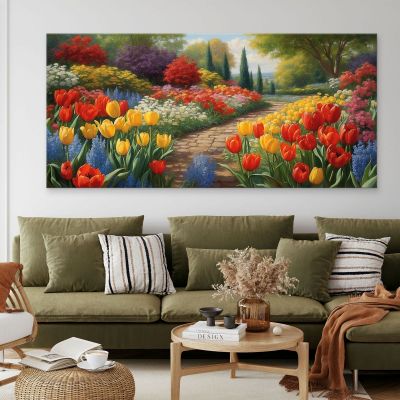 Botanical Painting Of Flower Garden With Path Among Colored Tulips bow17 canvas print 