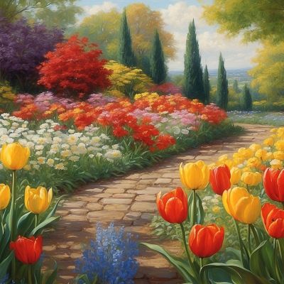 Botanical Painting Of Flower Garden With Path Among Colored Tulips bow17 canvas print