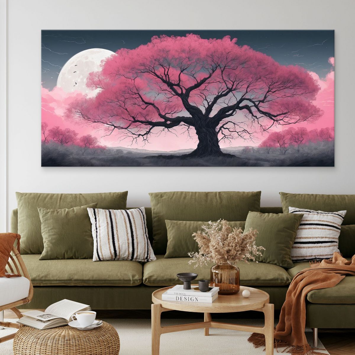 Botanical Painting Large Pink Tree Illuminated By The Moon bow19 canvas print 