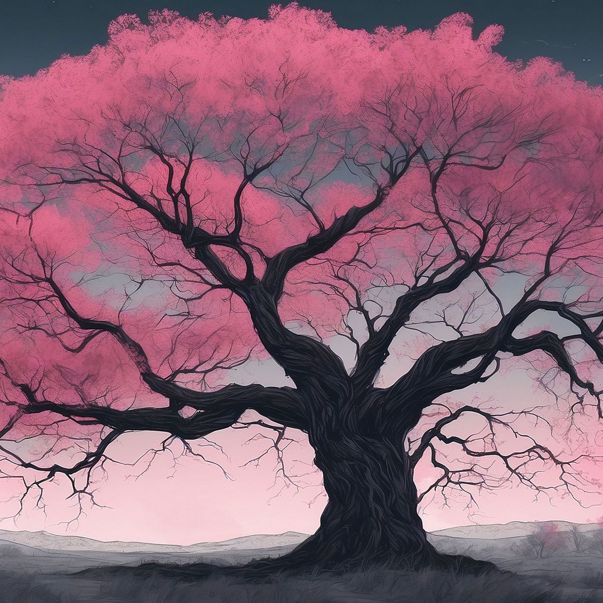 Botanical Painting Large Pink Tree Illuminated By The Moon bow19 canvas print