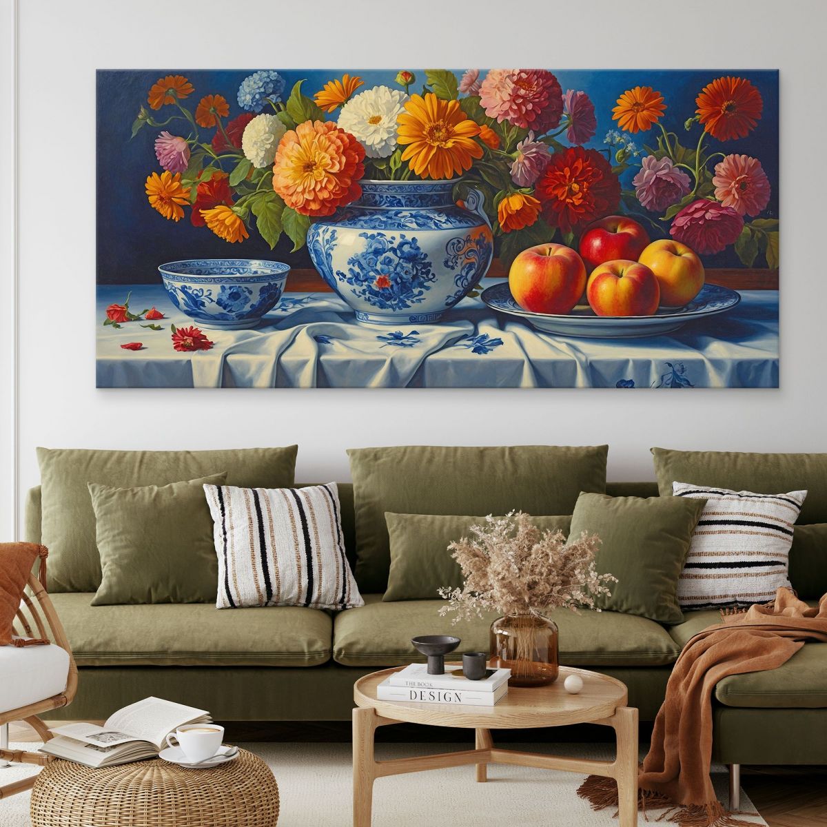 Botanical Still Life Painting With Colorful Flowers And Apples In A Porcelain Vase bow20 canvas print 