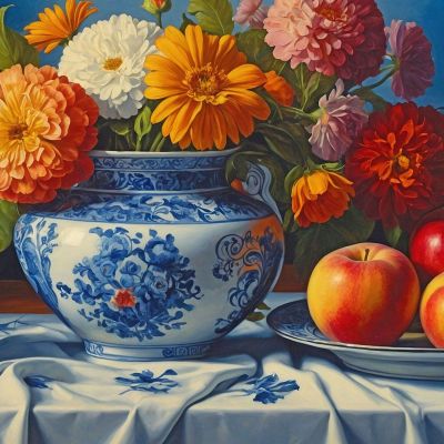 Botanical Still Life Painting With Colorful Flowers And Apples In A Porcelain Vase bow20 canvas print