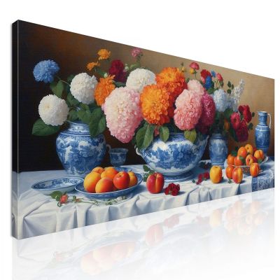 Botanical Painting Still Life With Flowers And Fruit In Blue Porcelain Vases bow21 canvas print 