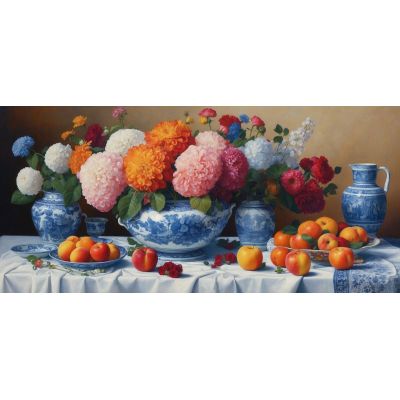 Botanical Painting Still Life With Flowers And Fruit In Blue Porcelain Vases bow21 canvas print 