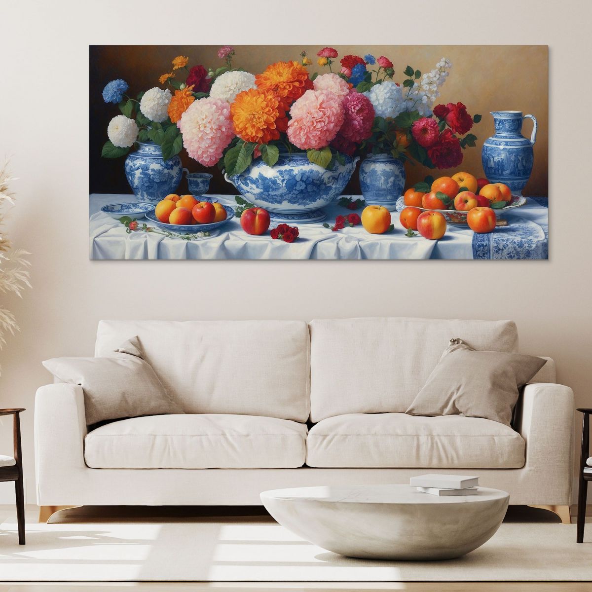 Botanical Painting Still Life With Flowers And Fruit In Blue Porcelain Vases bow21 canvas print 