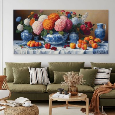 Botanical Painting Still Life With Flowers And Fruit In Blue Porcelain Vases bow21 canvas print 