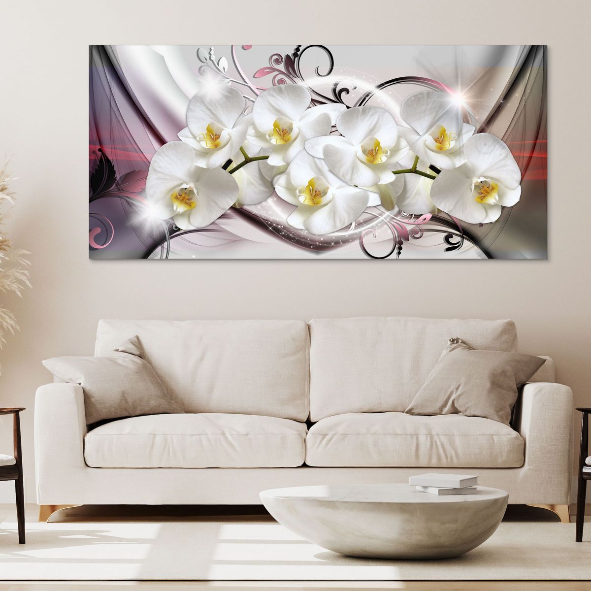 Botanical Framework Of White Orchids On An Abstract Floral Pattern Background bow25 canvas print 