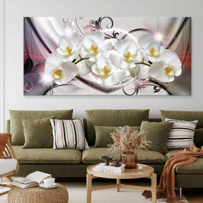 Botanical Framework Of White Orchids On An Abstract Floral Pattern Background bow25 canvas print 