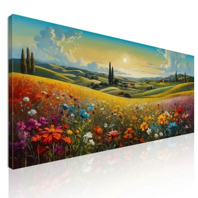 Botanical Painting Landscape Of A Flowering Field At Sunset bow27 canvas print 