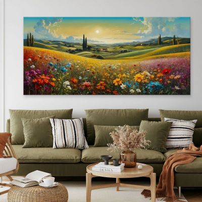 Botanical Painting Landscape Of A Flowering Field At Sunset bow27 canvas print 