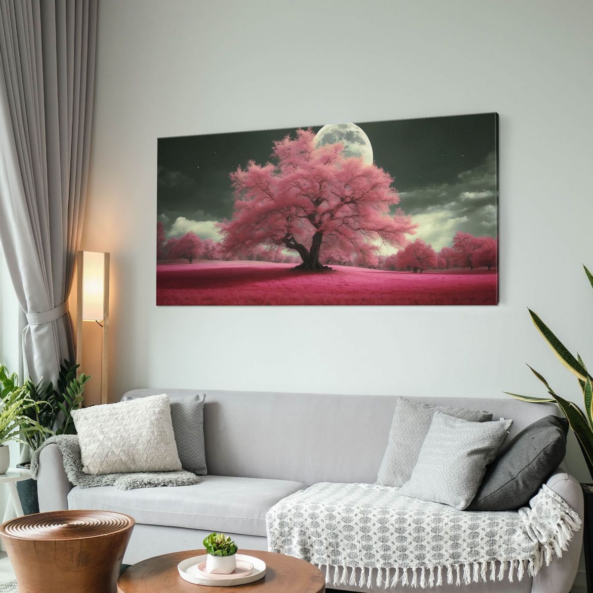 Botanical Painting Night Landscape With Pink Trees And Full Moon Fantasy , bow29 canvas print