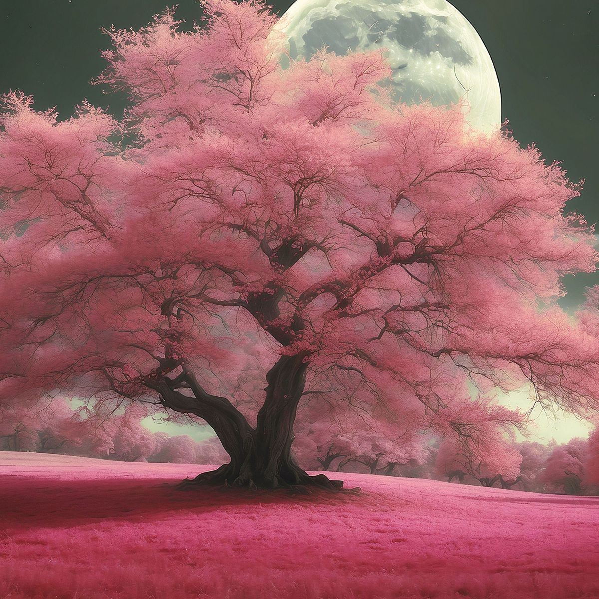 Botanical Painting Night Landscape With Pink Trees And Full Moon Fantasy , bow29 canvas print