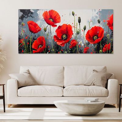 Botanical Painting Of Vivid Red Poppies On An Artistic Gray Background bow36 canvas print 