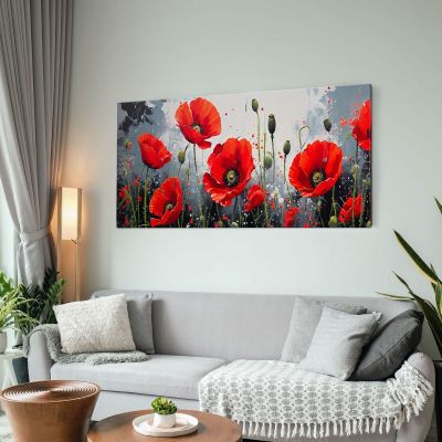 Botanical Painting Of Vivid Red Poppies On An Artistic Gray Background bow36 canvas print 