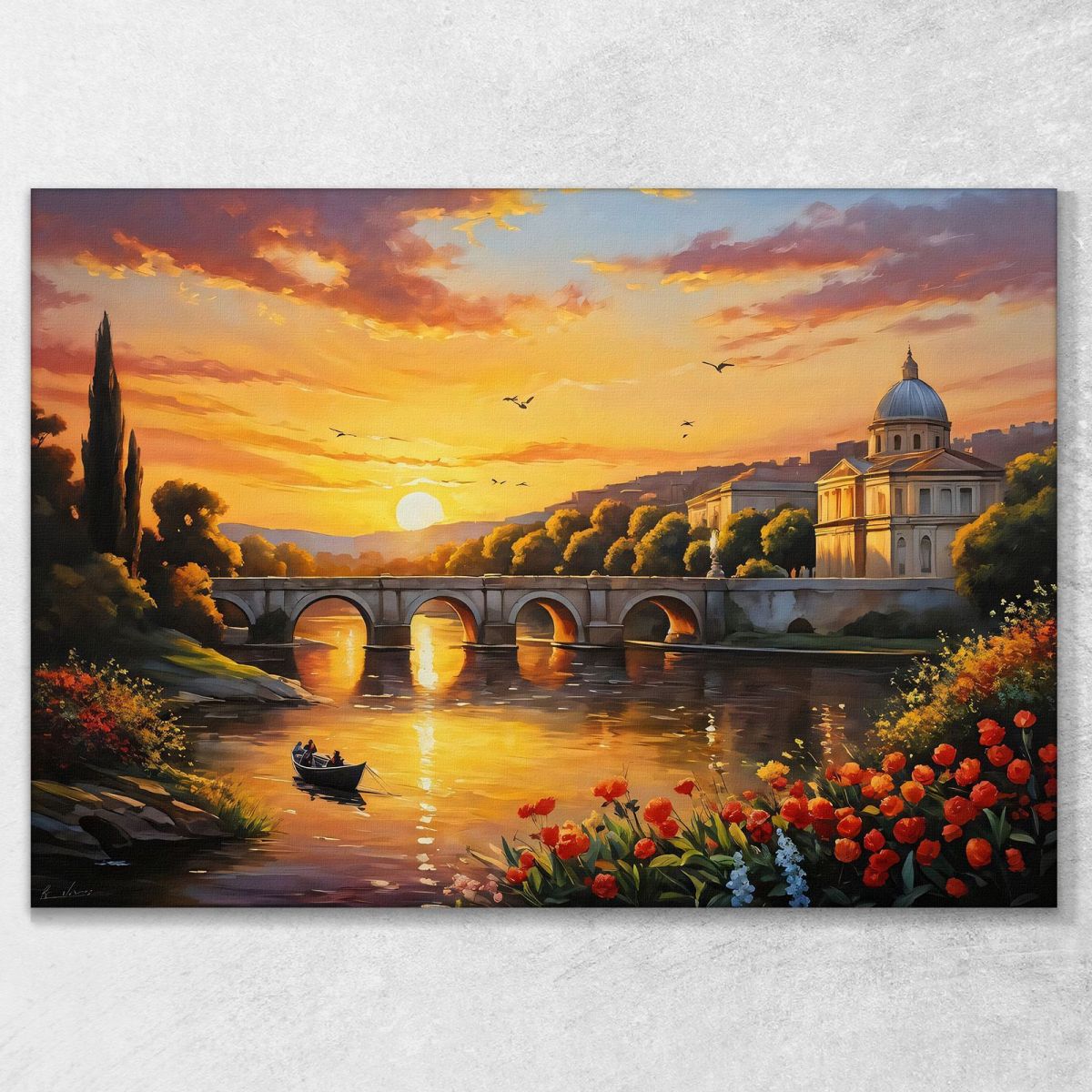 Modern Painting Abstract City Boat On The River At Sunset With A View Of A Bridge In Rome ct4 canvas print 