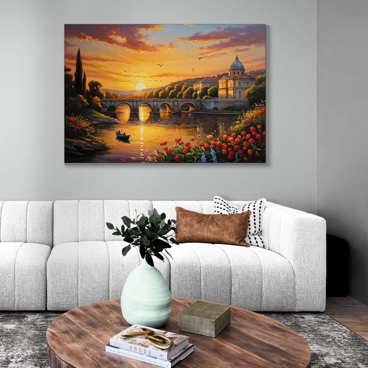 Modern Painting Abstract City Boat On The River At Sunset With A View Of A Bridge In Rome ct4 canvas print 