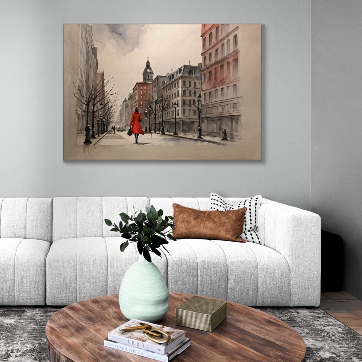 Modern Painting Abstract City Woman In Red Coat In The Avenue Of The Winter City , ct9 canvas print