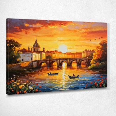 Modern Abstract City Painting Enchanting City Sunset On River With Boat And Ancient Bridge ct13 canvas print 