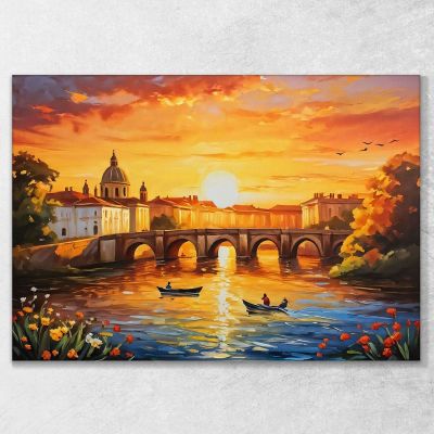 Modern Abstract City Painting Enchanting City Sunset On River With Boat And Ancient Bridge ct13 canvas print 