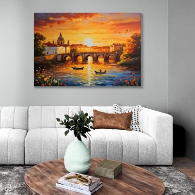 Modern Abstract City Painting Enchanting City Sunset On River With Boat And Ancient Bridge ct13 canvas print 