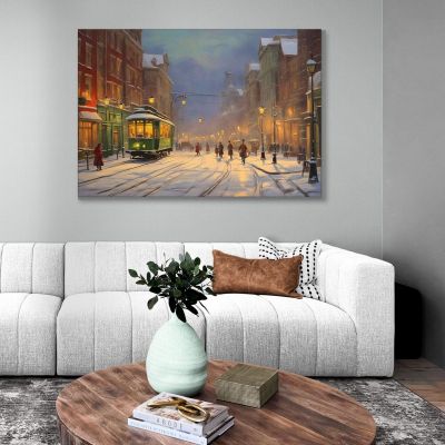 Modern Painting Abstract City Nostalgic Winter City With Green Tram On Snowy Road ct16 canvas print 