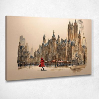 Modern Abstract City Painting Woman In Red Walking In Historic District In London ct22 canvas print 