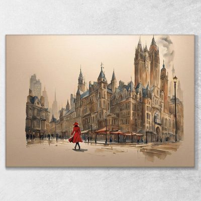 Modern Abstract City Painting Woman In Red Walking In Historic District In London ct22 canvas print 