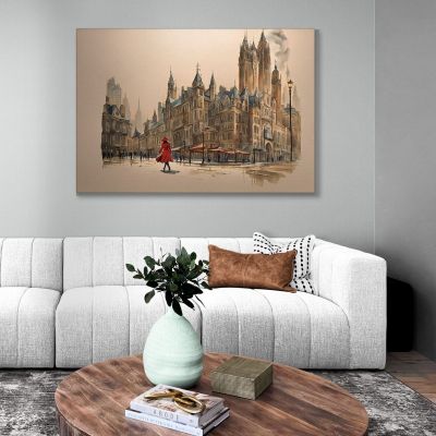 Modern Abstract City Painting Woman In Red Walking In Historic District In London ct22 canvas print 