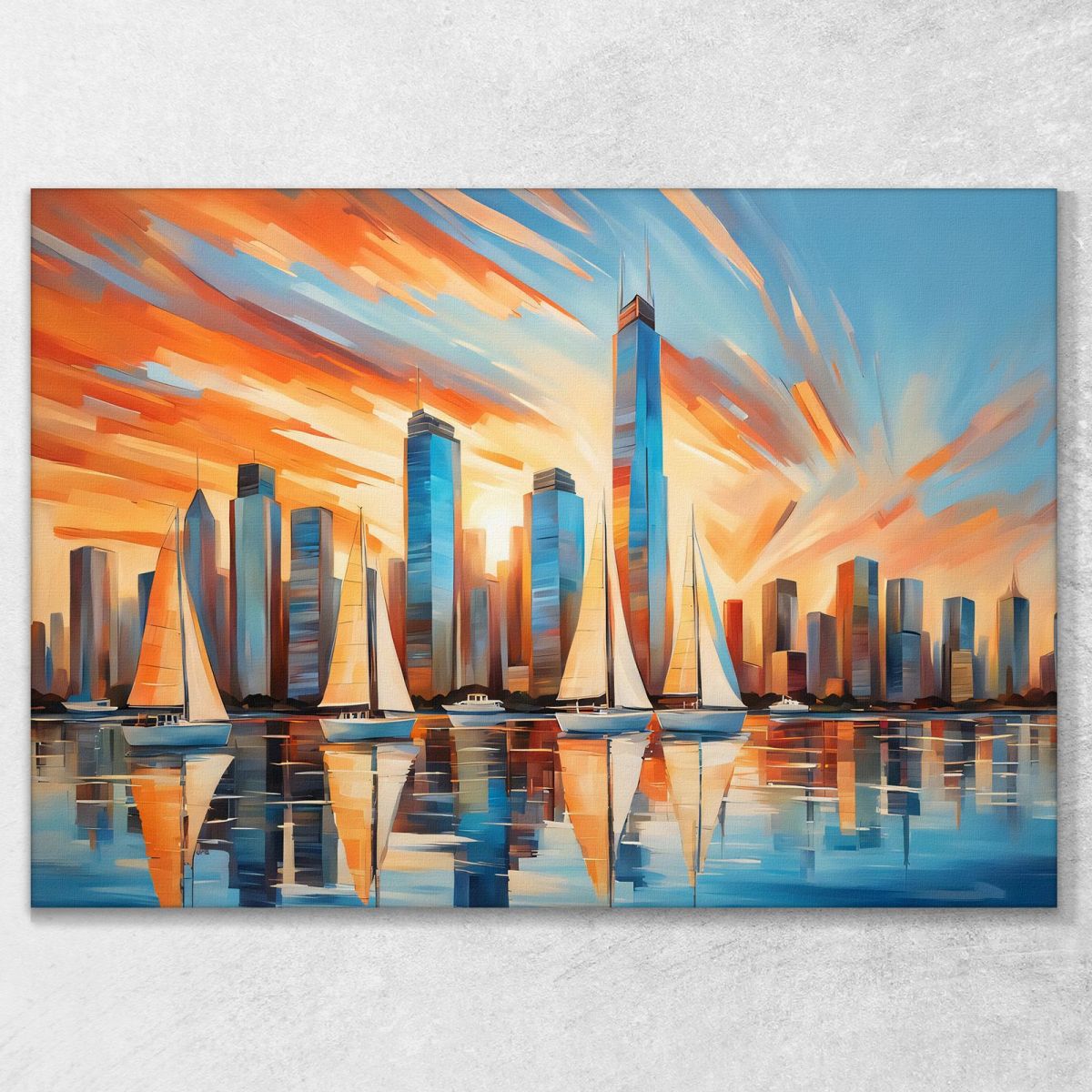 Modern Painting Abstract City Sunset Over Skyscrapers Of The Modern City And Sailboats ct32 canvas print 