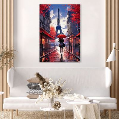 Modern Painting Abstract City Woman With Red Umbrella Walking In Paris With A View Of The Eiffel Tower ct37 canvas print 