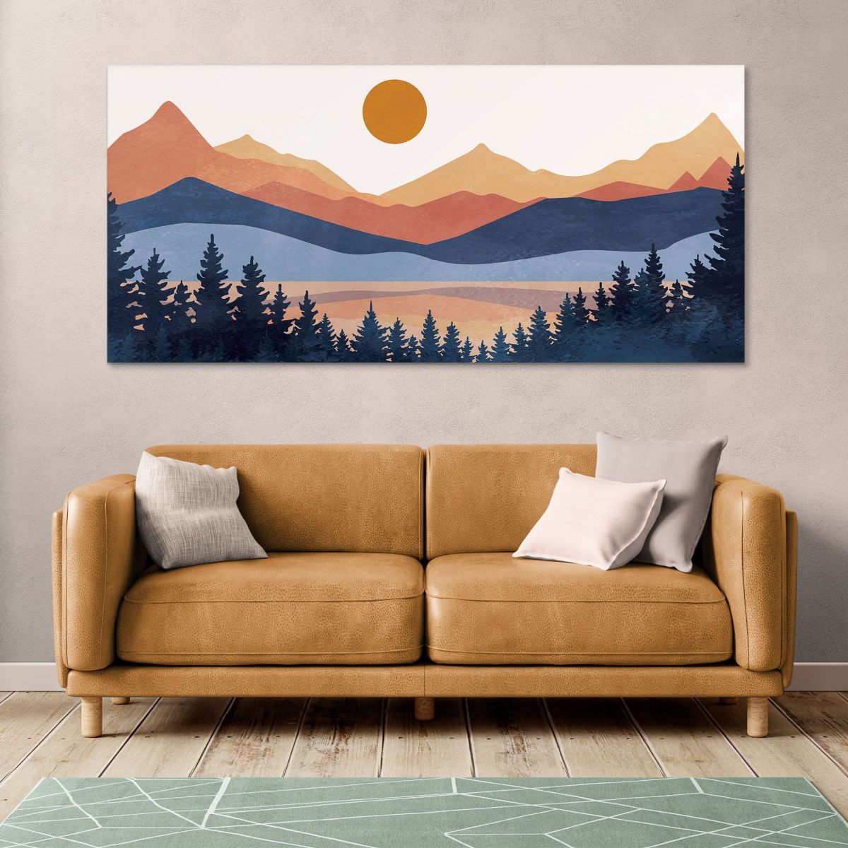 Boho Chic Painting Landscape Illustration Colorful Mountains With Pine Forest And Setting Sun bol1 canvas print 