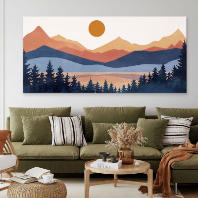 Boho Chic Painting Landscape Illustration Colorful Mountains With Pine Forest And Setting Sun bol1 canvas print 